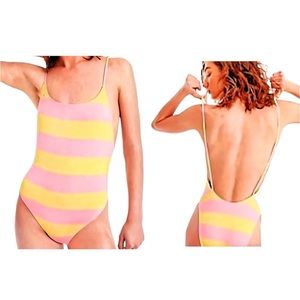 J. Crew, pink and yellow strapy one piece swimsuit